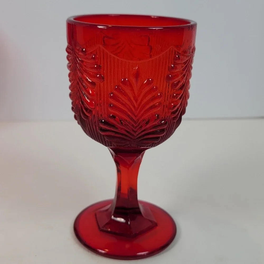 Vintage Ruby Red Glass Goblets Set of 4 Embossed Leaf Water Wine Glasses 6.25in